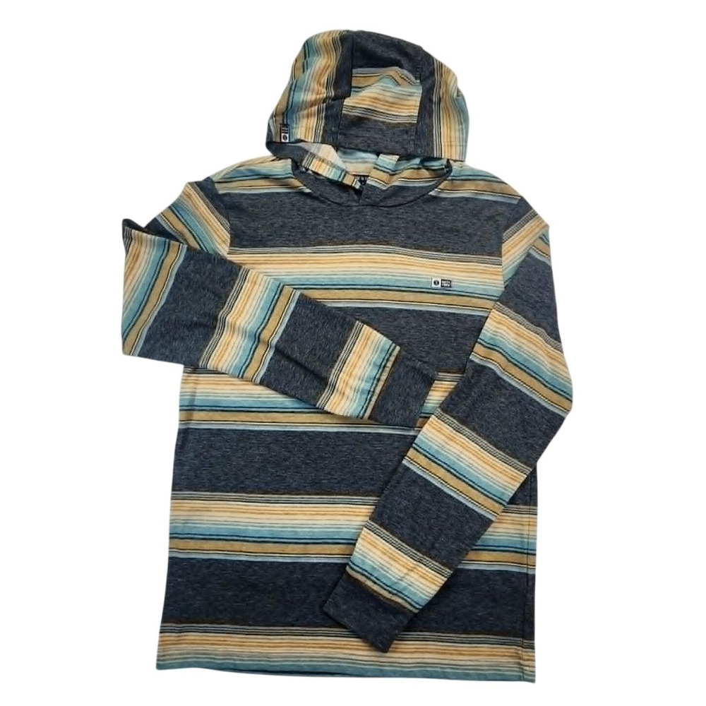 Salty Crew Performance Hoodie Blue Gold Striped Mens Small UPF 40 Sun Shirt